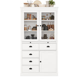 Freestanding Kitchen Pantry Display Storage Cabinet Cupboard Coffee Bar Cabinet with Adjustable Shelves, Serving Trays, Glass Door