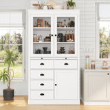 Freestanding Kitchen Pantry Display Storage Cabinet Cupboard Coffee Bar Cabinet with Adjustable Shelves, Serving Trays, Glass Door