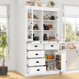 Freestanding Kitchen Pantry Display Storage Cabinet Cupboard Coffee Bar Cabinet with Adjustable Shelves, Serving Trays, Glass Door