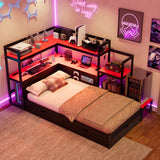 win Size Gaming Daybed with Headboard Bookcase & LED, Wood Bed Frame with Drawers, Built-in Desk, Charging Station