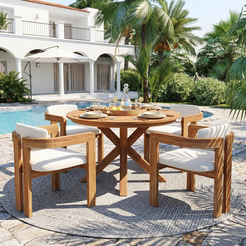 5pcs Outdoor Acacia Wood Round Dining Table Set, 47" Patio Table with 4 Cushioned Barrel Chairs for Garden/Patio/Backyard