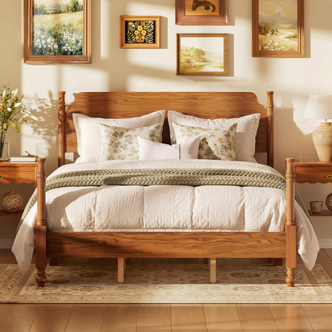 Queen Size Platform Bed Frame Vintage Spindle Post Bed Frame with Headboard & Turned Leg