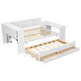 Full Size Daybed with Trundle and Storage, Integrated Desk, LED Headboard with Charging Station