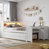 Full Size Daybed with Trundle and Storage, Integrated Desk, LED Headboard with Charging Station