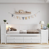 Full Size Daybed with Trundle and Storage, Integrated Desk, LED Headboard with Charging Station