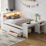 Full Size Daybed with Trundle and Storage, Integrated Desk, LED Headboard with Charging Station