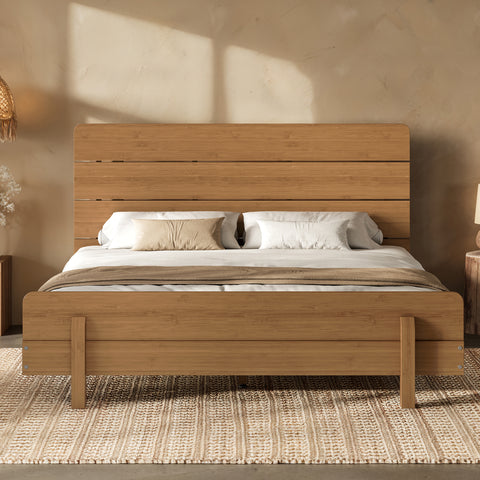 Queen Size Platform Bed Frame Minimalist Bamboo Bed with Headboard