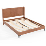 Queen Size Platform Bed Frame Mid-century Modern Bamboo Bed with Headboard & Round Corner Design