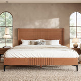 Queen Size Platform Bed Frame Mid-century Modern Bamboo Bed with Headboard & Round Corner Design