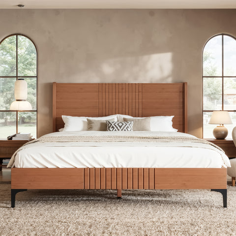 Queen Size Platform Bed Frame Mid-century Modern Bamboo Bed with Headboard & Round Corner Design
