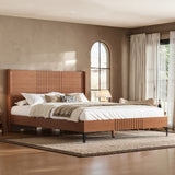 Queen Size Platform Bed Frame Mid-century Modern Bamboo Bed with Headboard & Round Corner Design
