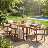 7pcs Acacia Wood Outdoor Dining Set, Patio Extendable Table and 6 Chairs with Cushions, Teak