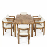 7pcs Acacia Wood Outdoor Dining Set, Patio Extendable Table and 6 Chairs with Cushions, Teak