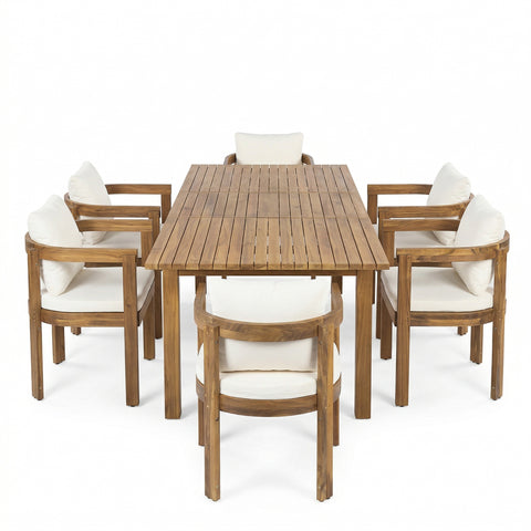 7pcs Acacia Wood Outdoor Dining Set, Patio Extendable Table and 6 Chairs with Cushions, Teak