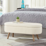 Luxury Oval Storage Bench with Wood Legs, Boucle Storage Ottoman with Safety Hinge for Living Room, Bedroom, Entryway