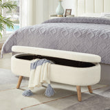 Luxury Oval Storage Bench with Wood Legs, Boucle Storage Ottoman with Safety Hinge for Living Room, Bedroom, Entryway