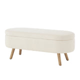 Luxury Oval Storage Bench with Wood Legs, Boucle Storage Ottoman with Safety Hinge for Living Room, Bedroom, Entryway