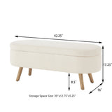 Luxury Oval Storage Bench with Wood Legs, Boucle Storage Ottoman with Safety Hinge for Living Room, Bedroom, Entryway
