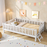 Twin Size Wood Platform Bed, Toddler Bed with Guardrail & Ladder for Bedroom