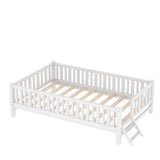 Twin Size Wood Platform Bed, Toddler Bed with Guardrail & Ladder for Bedroom