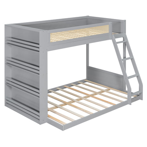 Twin over Full Bunk Bed Frame with Side Shelves, Guardrail & LED Lights for Kids/Teens/Adults
