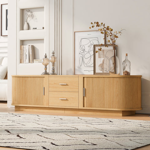 TV Stand TV Console Media Storage Cabinet Entertainment Center with Drawers, Sliding Storage, Round Corner & Waterproof Surface, Wood Color