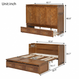 Queen Size Murphy Bed, Pine Wood Cabinet Bed with Built-in Charging Station & 3 Drawers for Bedroom, Living Room, Apartment