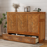 Queen Size Murphy Bed, Pine Wood Cabinet Bed with Built-in Charging Station & 3 Drawers for Bedroom, Living Room, Apartment