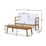 Acacia Wood Outdoor Conversation Set with Cushions, 4pcs Patio Sofa Furniture Set with Coffee Table, Light Teak+White