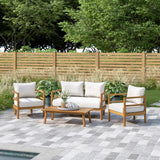 Acacia Wood Outdoor Conversation Set with Cushions, 4pcs Patio Sofa Furniture Set with Coffee Table, Light Teak+White