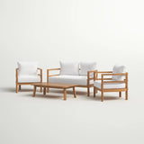 Acacia Wood Outdoor Conversation Set with Cushions, 4pcs Patio Sofa Furniture Set with Coffee Table, Light Teak+White