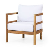 Acacia Wood Outdoor Conversation Set with Cushions, 4pcs Patio Sofa Furniture Set with Coffee Table, Light Teak+White