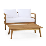Acacia Wood Outdoor Conversation Set with Cushions, 4pcs Patio Sofa Furniture Set with Coffee Table, Light Teak+White