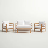 Acacia Wood Outdoor Conversation Set with Cushions, 4pcs Patio Sofa Furniture Set with Coffee Table, Light Teak+White
