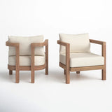 2pcs Outdoor Armchair Acacia Wood Patio Club Chairs with 6" Thick Cushions, Deep Seating Sofa Chair Conversation Set, Brown+Beige