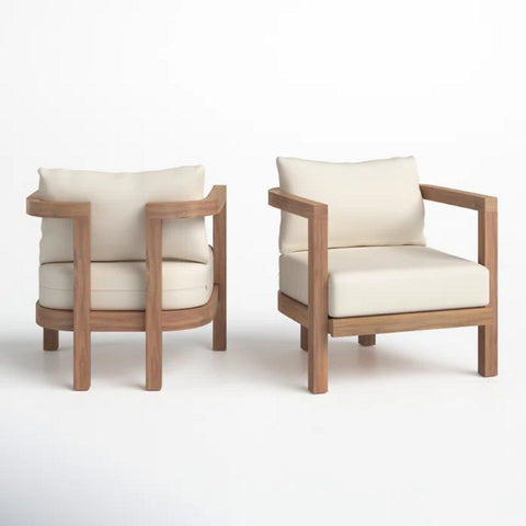 2pcs Outdoor Armchair Acacia Wood Patio Club Chairs with 6" Thick Cushions, Deep Seating Sofa Chair Conversation Set, Brown+Beige