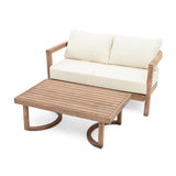 5pcs Outdoor Conversation Set with Soft Cushions, Acacia Wood Patio Furniture Set with Coffee Table & End Table, Brown+Beige