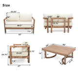 5pcs Outdoor Conversation Set with Soft Cushions, Acacia Wood Patio Furniture Set with Coffee Table & End Table, Brown+Beige