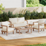 5pcs Outdoor Conversation Set with Soft Cushions, Acacia Wood Patio Furniture Set with Coffee Table & End Table, Brown+Beige