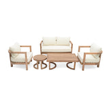 5pcs Outdoor Conversation Set with Soft Cushions, Acacia Wood Patio Furniture Set with Coffee Table & End Table, Brown+Beige