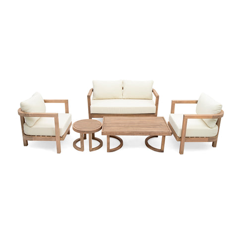 5pcs Outdoor Conversation Set with Soft Cushions, Acacia Wood Patio Furniture Set with Coffee Table & End Table, Brown+Beige