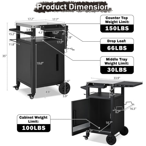 33.9" Outdoor Metal Kitchen Island with Foldable Table, Outdoor Grill Cart with Storage Cabinet, Hooks & Spice Rack for BBQ