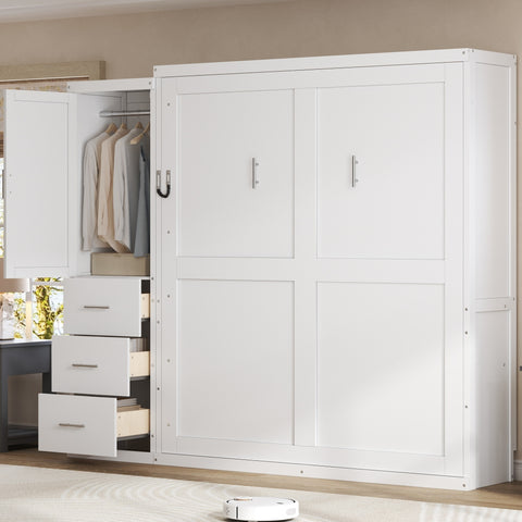 Queen Size Murphy Bed Space-Saving Wall Bed Storage Bed Folding Bed with Wardrobe & Drawers