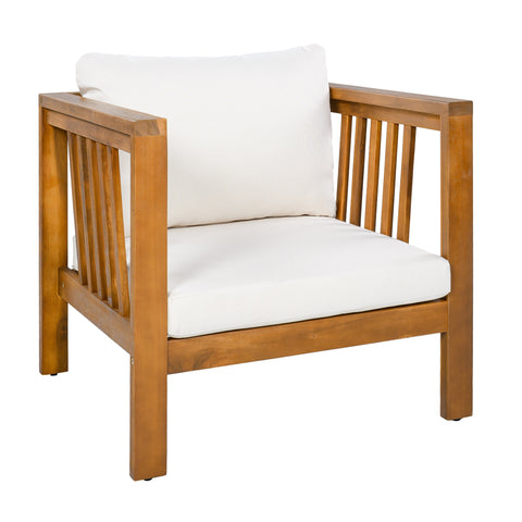 1 PC Outdoor Acacia Wood Club Chair, Armchairs with Square Arms & Thick Cushion for Patio, Poolside, Backyard, Deck