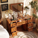 Makeup Vanity Desk Solid Pine Wood Vanity Table Vintage Dressing Table with Mirror & Drawers