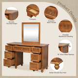 Makeup Vanity Desk Solid Pine Wood Vanity Table Vintage Dressing Table with Mirror & Drawers
