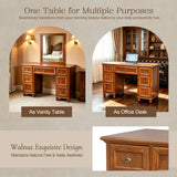 Makeup Vanity Desk Solid Pine Wood Vanity Table Vintage Dressing Table with Mirror & Drawers