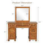 Makeup Vanity Desk Solid Pine Wood Vanity Table Vintage Dressing Table with Mirror & Drawers