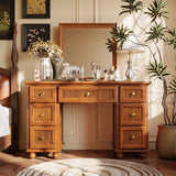 Makeup Vanity Desk Solid Pine Wood Vanity Table Vintage Dressing Table with Mirror & Drawers