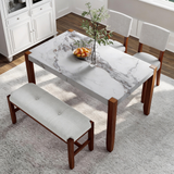 4-Piece Dining Set, Faux Marble Table with 2 Upholstered Chairs & 1 Bench with Rubber Wood Legs for Living Room, Dining Room